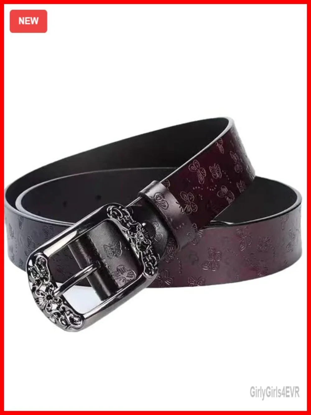 Women's Vintage Leather Belt with Hollow Floral Etched Design Large Buckle